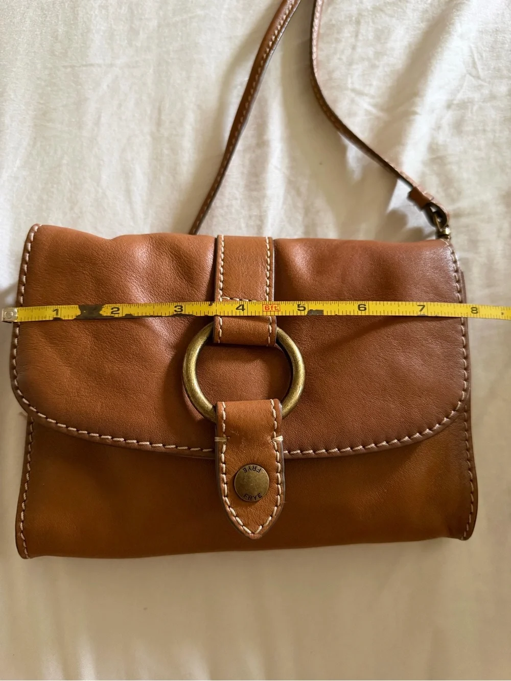 Frye Tan Leather Crossbody with Brass Ring Accent